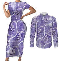 Japanese Koi Fish Couples Matching Short Sleeve Bodycon Dress and Long Sleeve Button Shirt Purple Wagara Palaka Honohono Pikake Lei LT9 Purple - Polynesian Pride