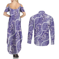 Japanese Koi Fish Couples Matching Summer Maxi Dress and Long Sleeve Button Shirt Purple Wagara Palaka Honohono Pikake Lei LT9 - Polynesian Pride