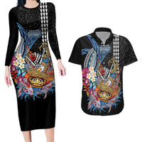 Personalized Japanese Koi Fish Ramen Couples Matching Long Sleeve Bodycon Dress and Hawaiian Shirt Aloha Shark Kakau Pattern LT9 Black - Polynesian Pride