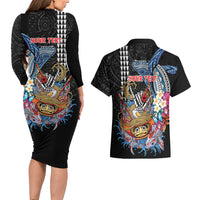 Personalized Japanese Koi Fish Ramen Couples Matching Long Sleeve Bodycon Dress and Hawaiian Shirt Aloha Shark Kakau Pattern LT9 - Polynesian Pride
