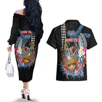 Personalized Japanese Koi Fish Ramen Couples Matching Off The Shoulder Long Sleeve Dress and Hawaiian Shirt Aloha Shark Kakau Pattern LT9 - Polynesian Pride