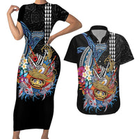 Personalized Japanese Koi Fish Ramen Couples Matching Short Sleeve Bodycon Dress and Hawaiian Shirt Aloha Shark Kakau Pattern LT9 Black - Polynesian Pride