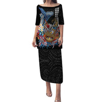Personalized Japanese Koi Fish Ramen Family Matching Puletasi and Hawaiian Shirt Aloha Shark Kakau Pattern LT9 Mom's Dress Black - Polynesian Pride