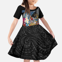 Personalized Japanese Koi Fish Ramen Family Matching Summer Maxi Dress and Hawaiian Shirt Aloha Shark Kakau Pattern LT9 Daughter's Dress Black - Polynesian Pride