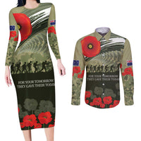 ANZAC Day We Remember Couples Matching Long Sleeve Bodycon Dress and Long Sleeve Button Shirt Maori Silver Fern Camouflage Motif LT9 Green - Polynesian Pride