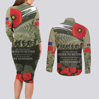 ANZAC Day We Remember Couples Matching Long Sleeve Bodycon Dress and Long Sleeve Button Shirt Maori Silver Fern Camouflage Motif LT9 - Polynesian Pride