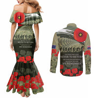 ANZAC Day We Remember Couples Matching Mermaid Dress and Long Sleeve Button Shirt Maori Silver Fern Camouflage Motif LT9 - Polynesian Pride