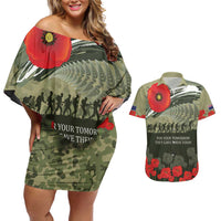ANZAC Day We Remember Couples Matching Off Shoulder Short Dress and Hawaiian Shirt Maori Silver Fern Camouflage Motif LT9 Green - Polynesian Pride