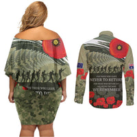 ANZAC Day We Remember Couples Matching Off Shoulder Short Dress and Long Sleeve Button Shirt Maori Silver Fern Camouflage Motif LT9 - Polynesian Pride