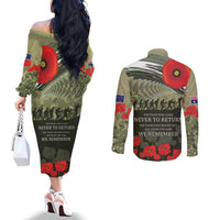 ANZAC Day We Remember Couples Matching Off The Shoulder Long Sleeve Dress and Long Sleeve Button Shirt Maori Silver Fern Camouflage Motif LT9 - Polynesian Pride