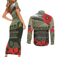 ANZAC Day We Remember Couples Matching Short Sleeve Bodycon Dress and Long Sleeve Button Shirt Maori Silver Fern Camouflage Motif LT9 - Polynesian Pride