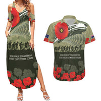ANZAC Day We Remember Couples Matching Summer Maxi Dress and Hawaiian Shirt Maori Silver Fern Camouflage Motif LT9 Green - Polynesian Pride