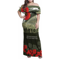 ANZAC Day We Remember Family Matching Off Shoulder Maxi Dress and Hawaiian Shirt Maori Silver Fern Camouflage Motif LT9 Mom's Dress Green - Polynesian Pride