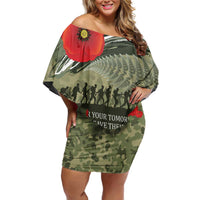 ANZAC Day We Remember Family Matching Off Shoulder Short Dress and Hawaiian Shirt Maori Silver Fern Camouflage Motif LT9 Mom's Dress Green - Polynesian Pride