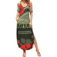 ANZAC Day We Remember Family Matching Summer Maxi Dress and Hawaiian Shirt Maori Silver Fern Camouflage Motif LT9 Mom's Dress Green - Polynesian Pride