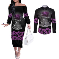 ANZAC Day Remembrance Couples Matching Off The Shoulder Long Sleeve Dress and Long Sleeve Button Shirt Purple Poppy We Will Remember Them LT9 Purple - Polynesian Pride