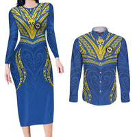 Custom Oceania Football Solomon Kings Couples Matching Long Sleeve Bodycon Dress and Long Sleeve Button Shirt Polynesian Tribal Pattern LT9 Blue - Polynesian Pride