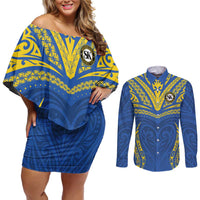 Custom Oceania Football Solomon Kings Couples Matching Off Shoulder Short Dress and Long Sleeve Button Shirt Polynesian Tribal Pattern LT9 Blue - Polynesian Pride