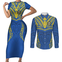 Custom Oceania Football Solomon Kings Couples Matching Short Sleeve Bodycon Dress and Long Sleeve Button Shirt Polynesian Tribal Pattern LT9 Blue - Polynesian Pride