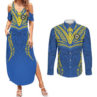 Custom Oceania Football Solomon Kings Couples Matching Summer Maxi Dress and Long Sleeve Button Shirt Polynesian Tribal Pattern LT9 Blue - Polynesian Pride
