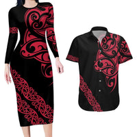 All Black Maori Tribal Tattoo Personalised Couples Matching Long Sleeve Bodycon Dress and Hawaiian Shirt Classic Red Polynesian Style LT9 Red - Polynesian Pride