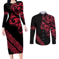All Black Maori Tribal Tattoo Personalised Couples Matching Long Sleeve Bodycon Dress and Long Sleeve Button Shirt Classic Red Polynesian Style LT9 Red - Polynesian Pride