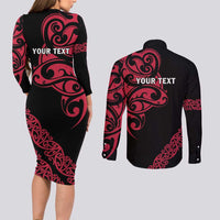 All Black Maori Tribal Tattoo Personalised Couples Matching Long Sleeve Bodycon Dress and Long Sleeve Button Shirt Classic Red Polynesian Style LT9 - Polynesian Pride