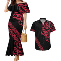 All Black Maori Tribal Tattoo Personalised Couples Matching Mermaid Dress and Hawaiian Shirt Classic Red Polynesian Style LT9 Red - Polynesian Pride