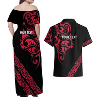 All Black Maori Tribal Tattoo Personalised Couples Matching Off Shoulder Maxi Dress and Hawaiian Shirt Classic Red Polynesian Style LT9 - Polynesian Pride