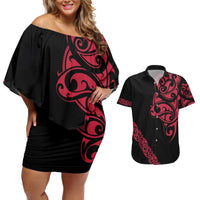 All Black Maori Tribal Tattoo Personalised Couples Matching Off Shoulder Short Dress and Hawaiian Shirt Classic Red Polynesian Style LT9 Red - Polynesian Pride