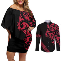 All Black Maori Tribal Tattoo Personalised Couples Matching Off Shoulder Short Dress and Long Sleeve Button Shirt Classic Red Polynesian Style LT9 Red - Polynesian Pride