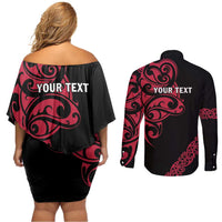 All Black Maori Tribal Tattoo Personalised Couples Matching Off Shoulder Short Dress and Long Sleeve Button Shirt Classic Red Polynesian Style LT9 - Polynesian Pride