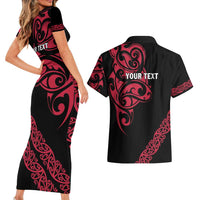All Black Maori Tribal Tattoo Personalised Couples Matching Short Sleeve Bodycon Dress and Hawaiian Shirt Classic Red Polynesian Style LT9 - Polynesian Pride