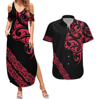 All Black Maori Tribal Tattoo Personalised Couples Matching Summer Maxi Dress and Hawaiian Shirt Classic Red Polynesian Style LT9 Red - Polynesian Pride