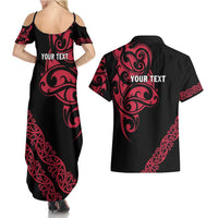 All Black Maori Tribal Tattoo Personalised Couples Matching Summer Maxi Dress and Hawaiian Shirt Classic Red Polynesian Style LT9 - Polynesian Pride