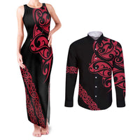 All Black Maori Tribal Tattoo Personalised Couples Matching Tank Maxi Dress and Long Sleeve Button Shirt Classic Red Polynesian Style LT9 Red - Polynesian Pride