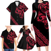 All Black Maori Tribal Tattoo Personalised Family Matching Long Sleeve Bodycon Dress and Hawaiian Shirt Classic Red Polynesian Style LT9 - Polynesian Pride