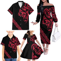 All Black Maori Tribal Tattoo Personalised Family Matching Off The Shoulder Long Sleeve Dress and Hawaiian Shirt Classic Red Polynesian Style LT9 - Polynesian Pride