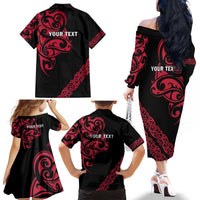 All Black Maori Tribal Tattoo Personalised Family Matching Off The Shoulder Long Sleeve Dress and Hawaiian Shirt Classic Red Polynesian Style LT9 - Polynesian Pride