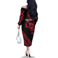 All Black Maori Tribal Tattoo Personalised Family Matching Off The Shoulder Long Sleeve Dress and Hawaiian Shirt Classic Red Polynesian Style LT9 - Polynesian Pride
