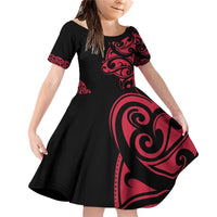 All Black Maori Tribal Tattoo Personalised Family Matching Off Shoulder Short Dress and Hawaiian Shirt Classic Red Polynesian Style LT9 Daughter's Dress Red - Polynesian Pride