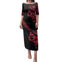 All Black Maori Tribal Tattoo Personalised Family Matching Puletasi and Hawaiian Shirt Classic Red Polynesian Style LT9 Mom's Dress Red - Polynesian Pride