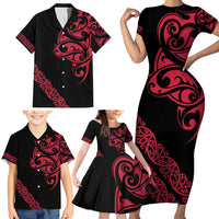 All Black Maori Tribal Tattoo Personalised Family Matching Short Sleeve Bodycon Dress and Hawaiian Shirt Classic Red Polynesian Style LT9 - Polynesian Pride