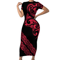 All Black Maori Tribal Tattoo Personalised Family Matching Short Sleeve Bodycon Dress and Hawaiian Shirt Classic Red Polynesian Style LT9 Mom's Dress Red - Polynesian Pride