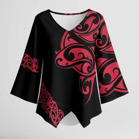 All Black Maori Tribal Tattoo Personalised Kimono Sleeve Blouse Classic Red Polynesian Style - Polynesian Pride