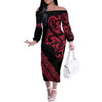 All Black Maori Tribal Tattoo Personalised Off The Shoulder Long Sleeve Dress Classic Red Polynesian Style LT9 Women Red - Polynesian Pride