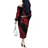 All Black Maori Tribal Tattoo Personalised Off The Shoulder Long Sleeve Dress Classic Red Polynesian Style LT9 - Polynesian Pride