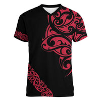 All Black Maori Tribal Tattoo Personalised Women V-Neck T-Shirt Classic Red Polynesian Style LT9 Female Red - Polynesian Pride