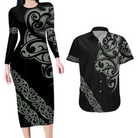 All Black Maori Tribal Tattoo Personalised Couples Matching Long Sleeve Bodycon Dress and Hawaiian Shirt Moss Green Polynesian Style LT9 Green - Polynesian Pride
