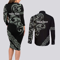 All Black Maori Tribal Tattoo Personalised Couples Matching Long Sleeve Bodycon Dress and Long Sleeve Button Shirt Moss Green Polynesian Style LT9 - Polynesian Pride